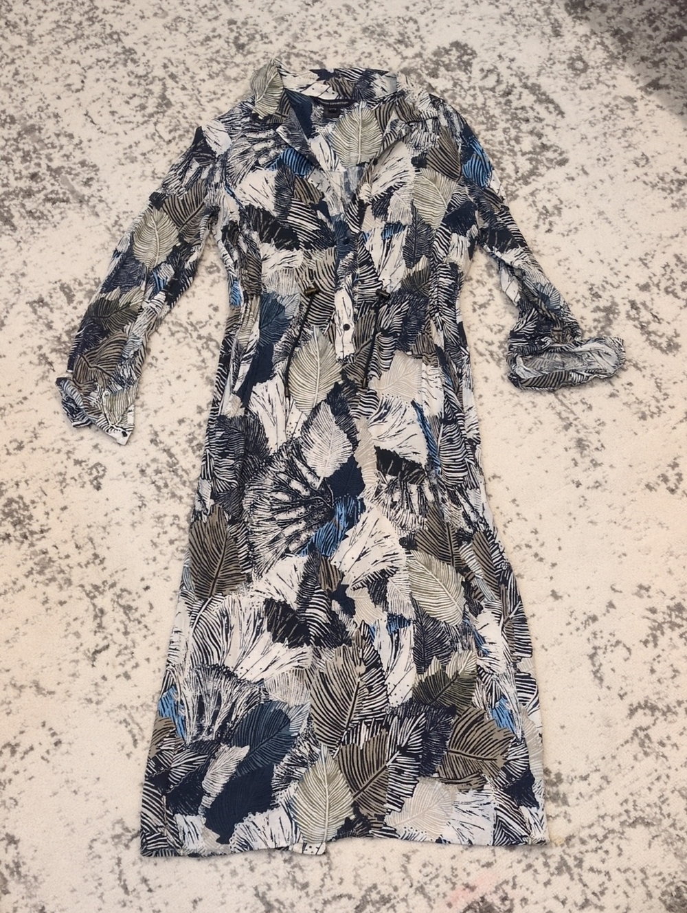French Connection Leaf-Print Long Sleeve Maxi Dress in Navy, Olive, White